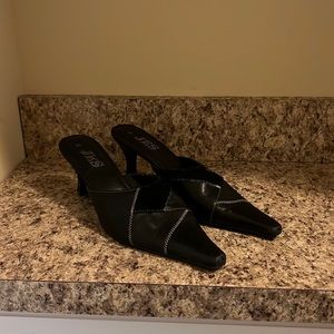 JES Closed Toe Mule Heels - Black Suede & Leather Heels